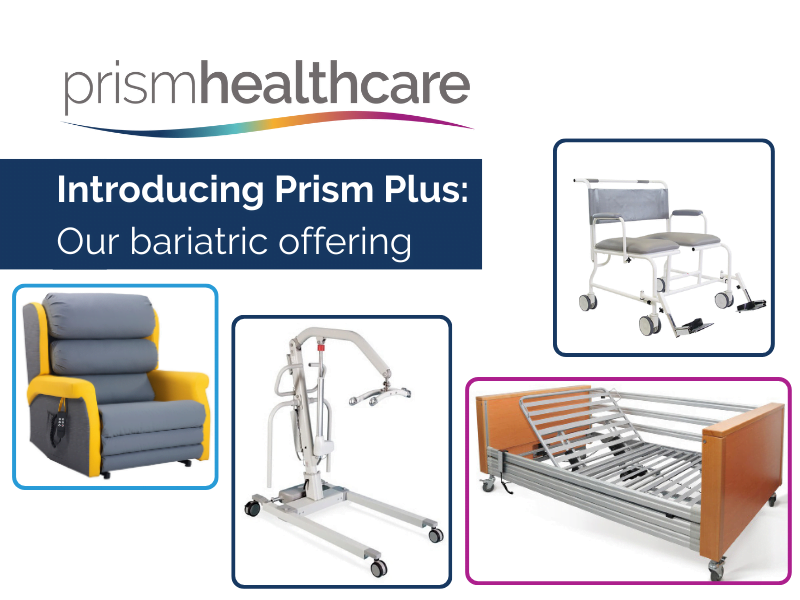 Pictures of bariatric equipment in the Prism Plus range, including a bariatric chair, mobile hoist, bed and shower commode chair.